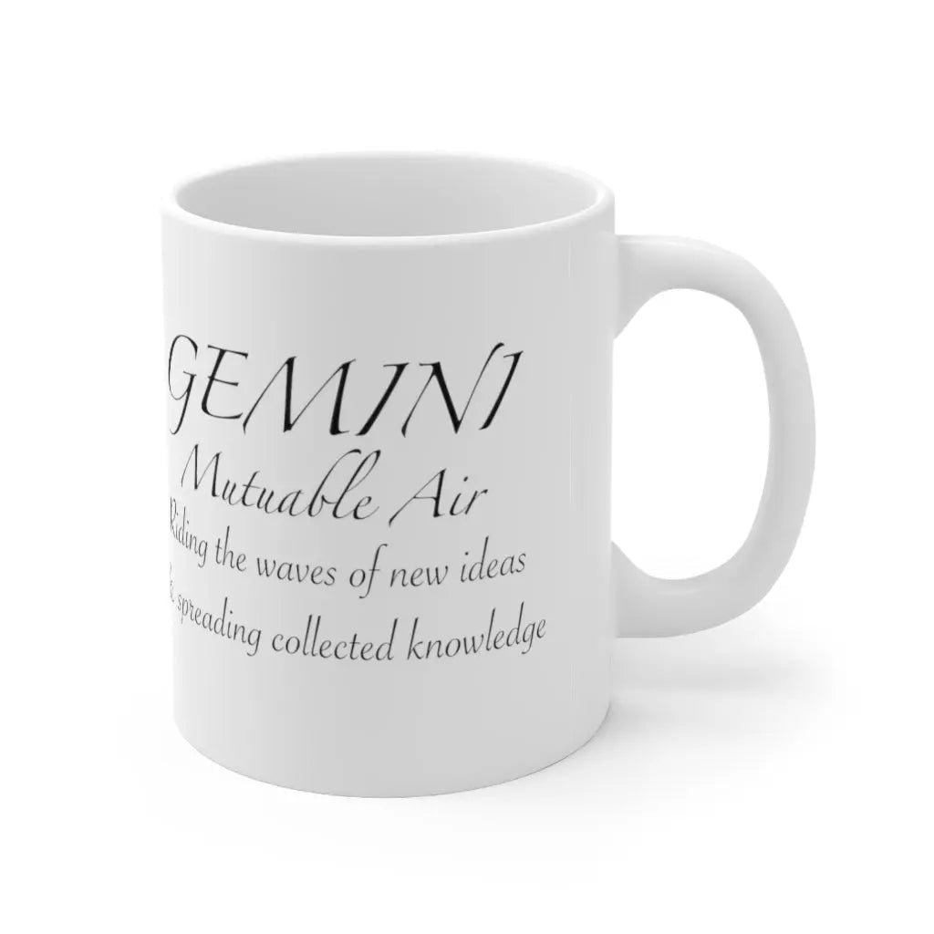 Gemini Zodiac Mug - Left side with "Mutable Air" quote, clean white background.