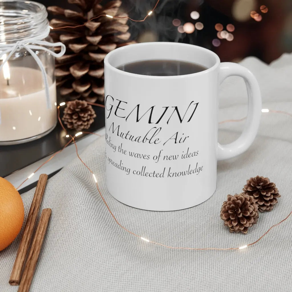 Gemini Zodiac Mug - Left side showing "Mutable Air" quote with an autumn/fall-themed background.