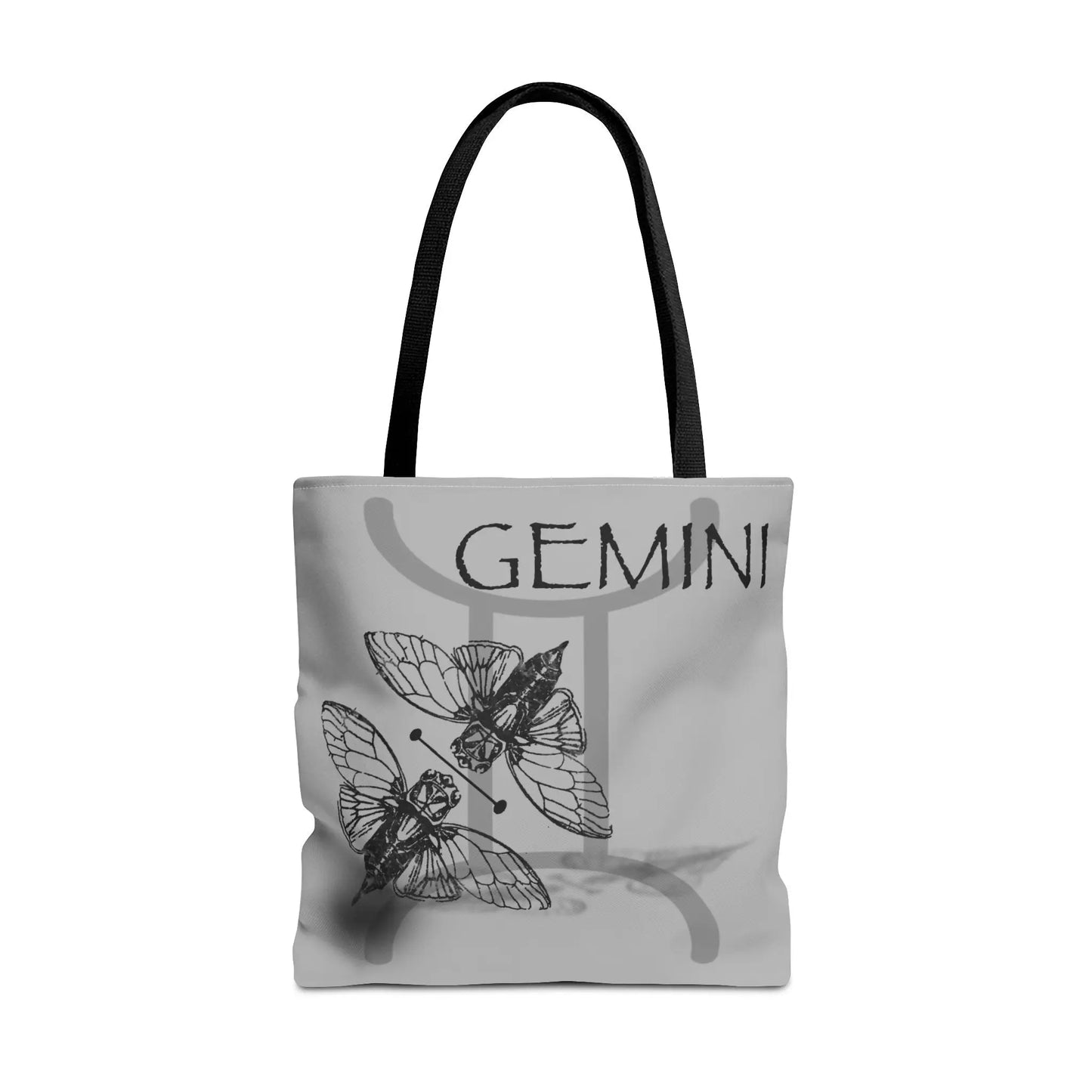 Gemini Zodiac Tote Bag - Front view showing the twins emblem on a gray canvas.