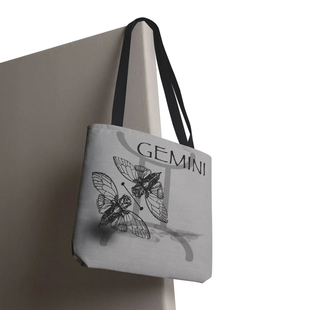 Gray Gemini tote bag with cicada design, astrology-themed canvas shoulder bag for zodiac lovers
