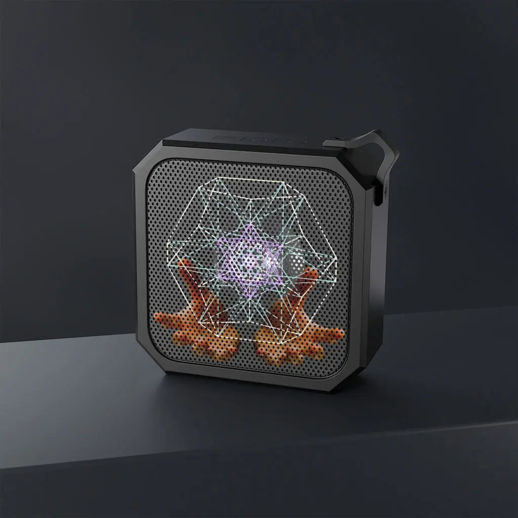 "Geometric Orb" Bluetooth Speaker on a black platform, highlighting the detailed design.