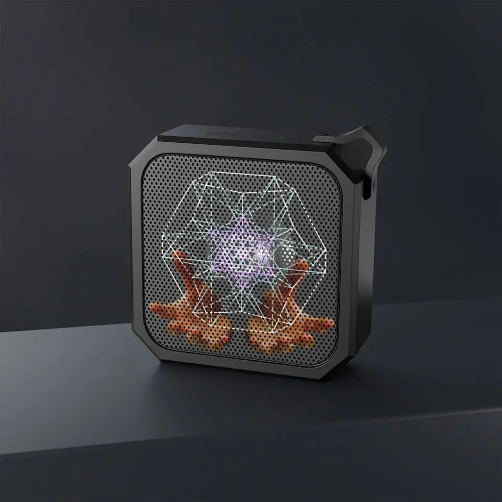Portable speaker with glowing geometric chakra design, ideal for meditation and energy healing sessions.