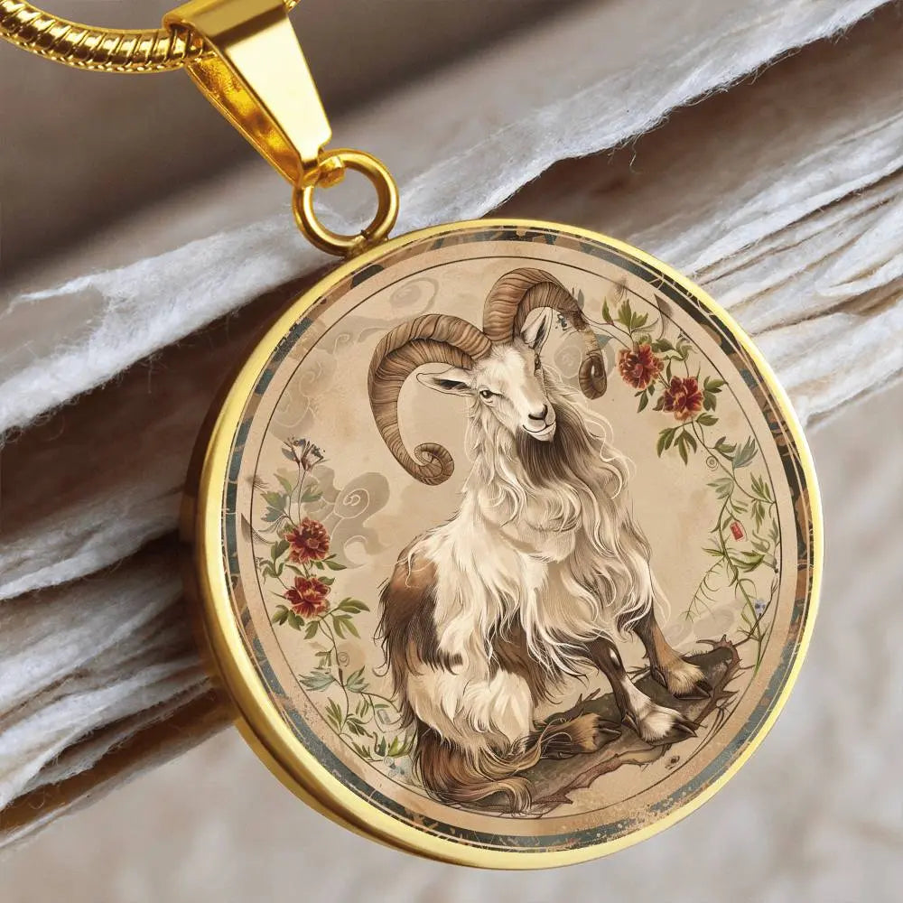Gold 'Year of the Goat' Necklace shown in a lifestyle setting.
