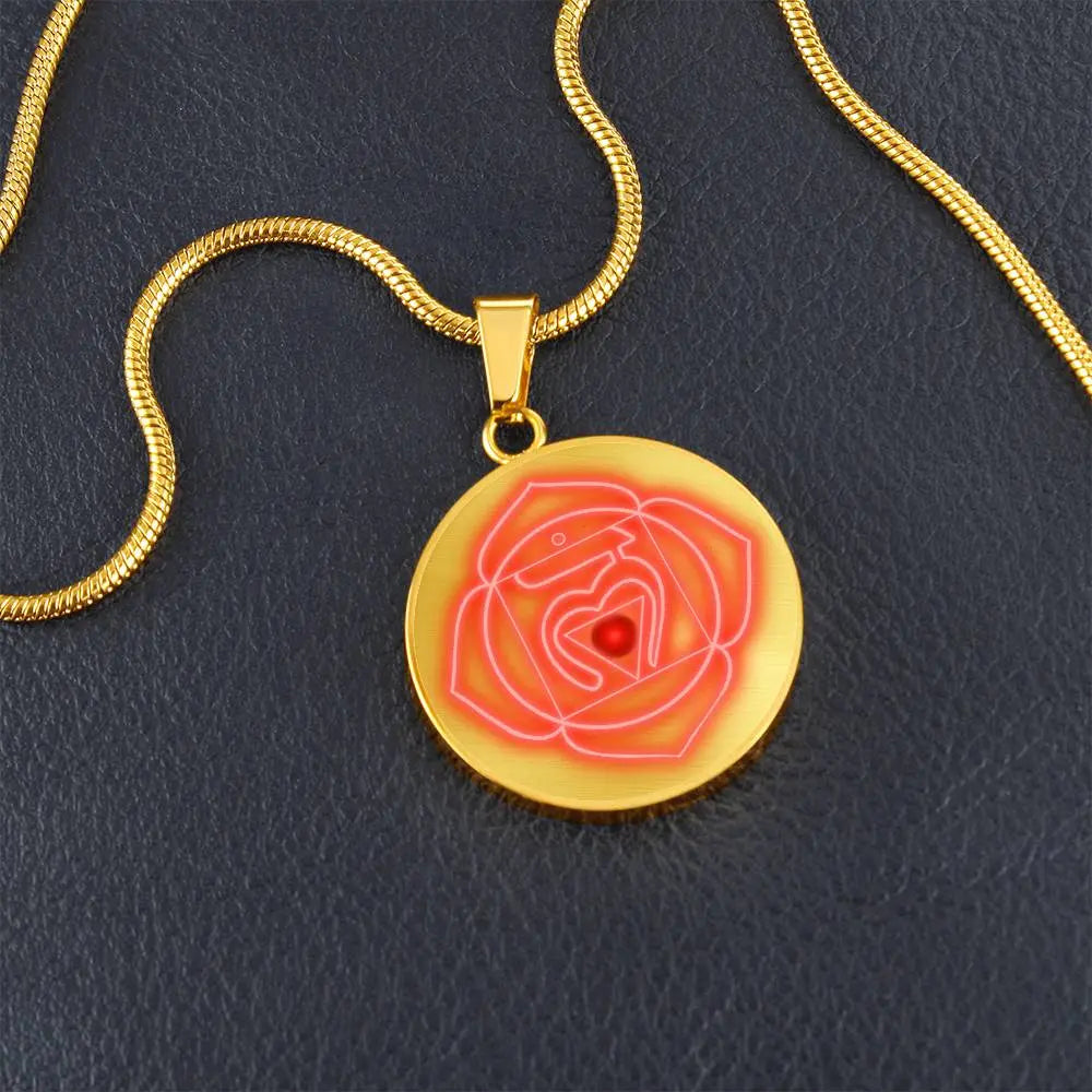 Gold Root Chakra Necklace shown in a lifestyle setting.