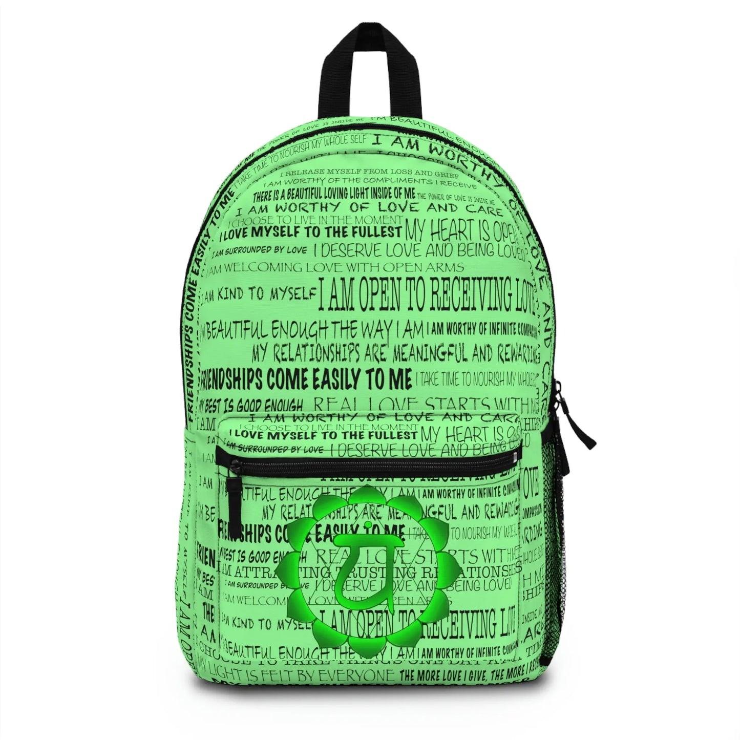 Green Heart Chakra Affirmations Backpack - Front view showing affirmation print and chakra emblem.