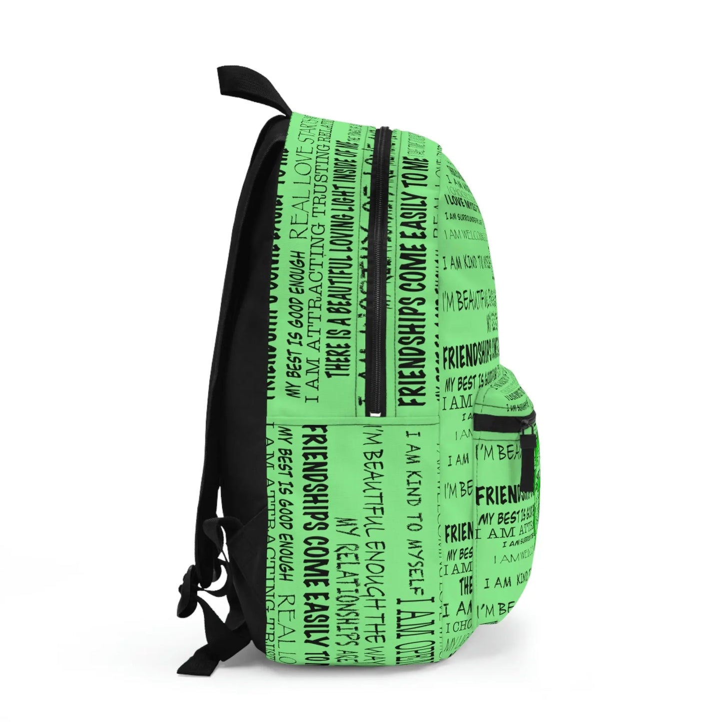 Green Heart Chakra Affirmations Backpack - Right side profile showing the full affirmation print pattern.