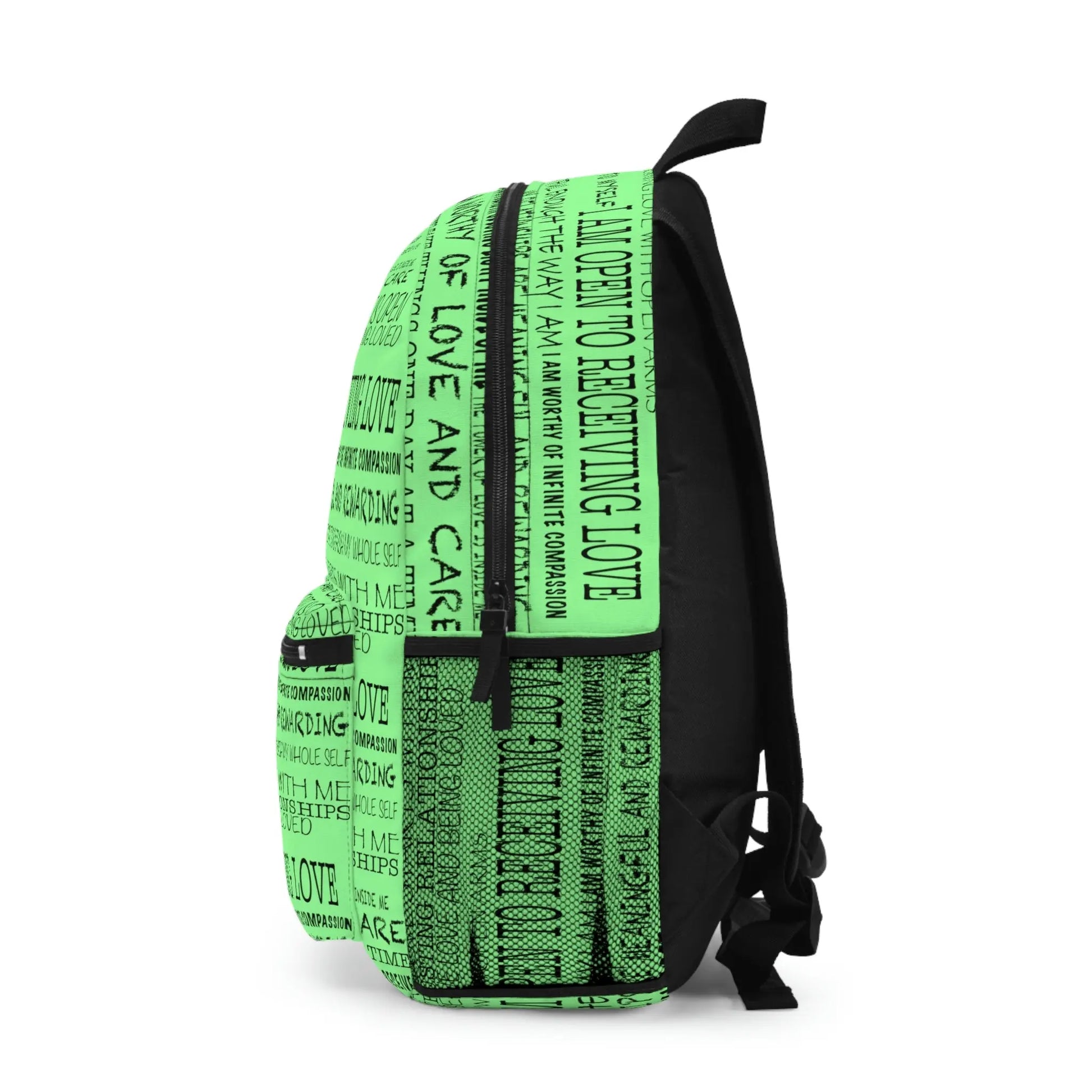Green Heart Chakra Affirmations Backpack - Left side profile showing the side mesh pocket.