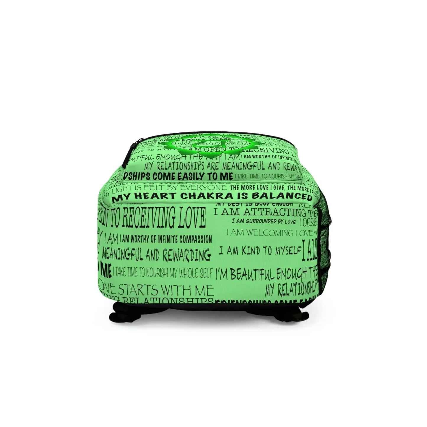 Green heart chakra affirmations backpack with black text, promoting love and balance for holistic wellness.