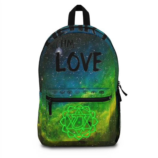 Green Heart Chakra Cosmic Backpack - Front view showing the galaxy print and chakra emblem on the pocket.