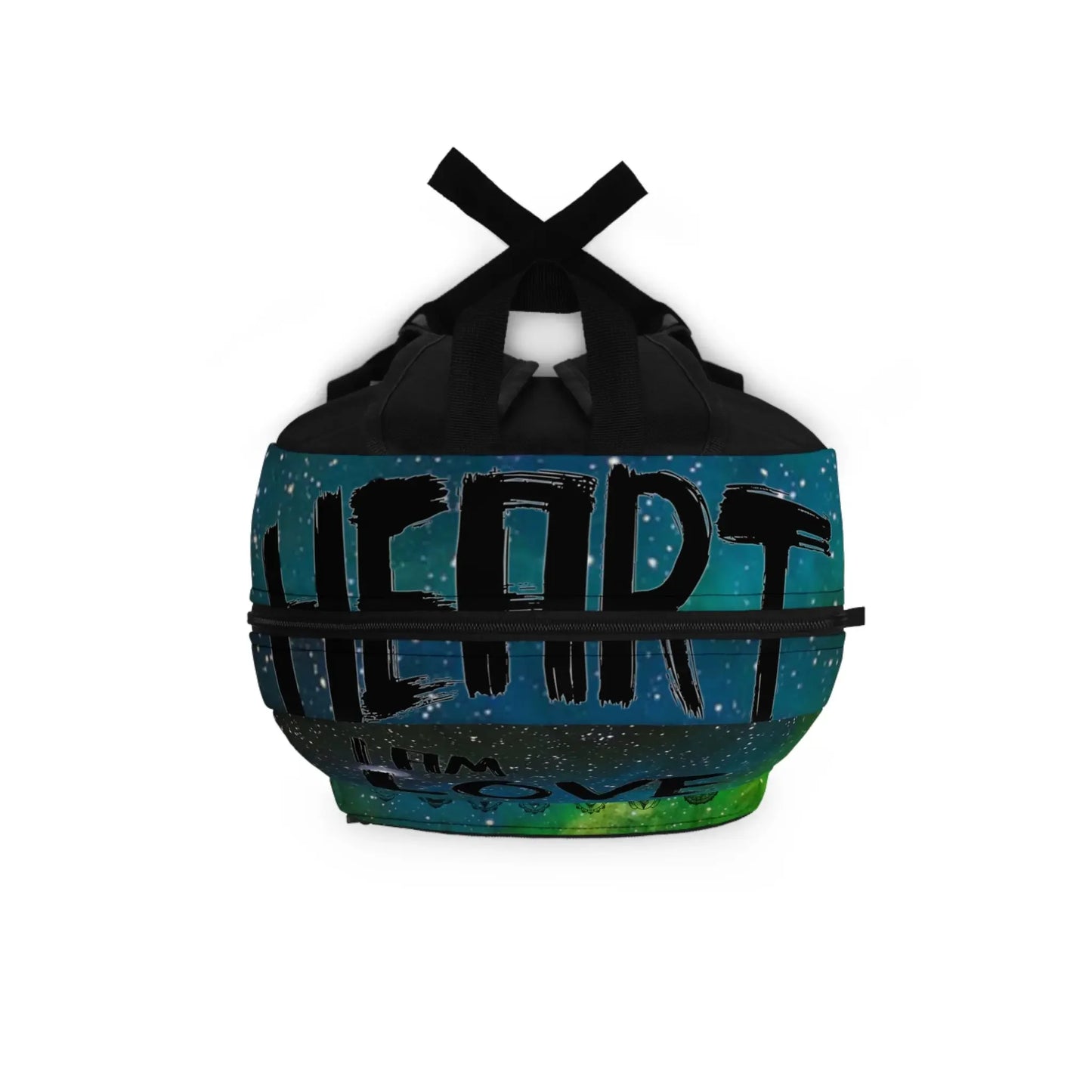 Heart chakra bag with cosmic print, 'I AM LOVE' text, and black straps for spiritual wellness and yoga