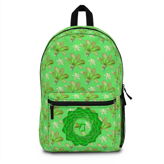 Green Heart Chakra Backpack - Front view with an all-over freesia print and floral chakra emblem on the pocket.
