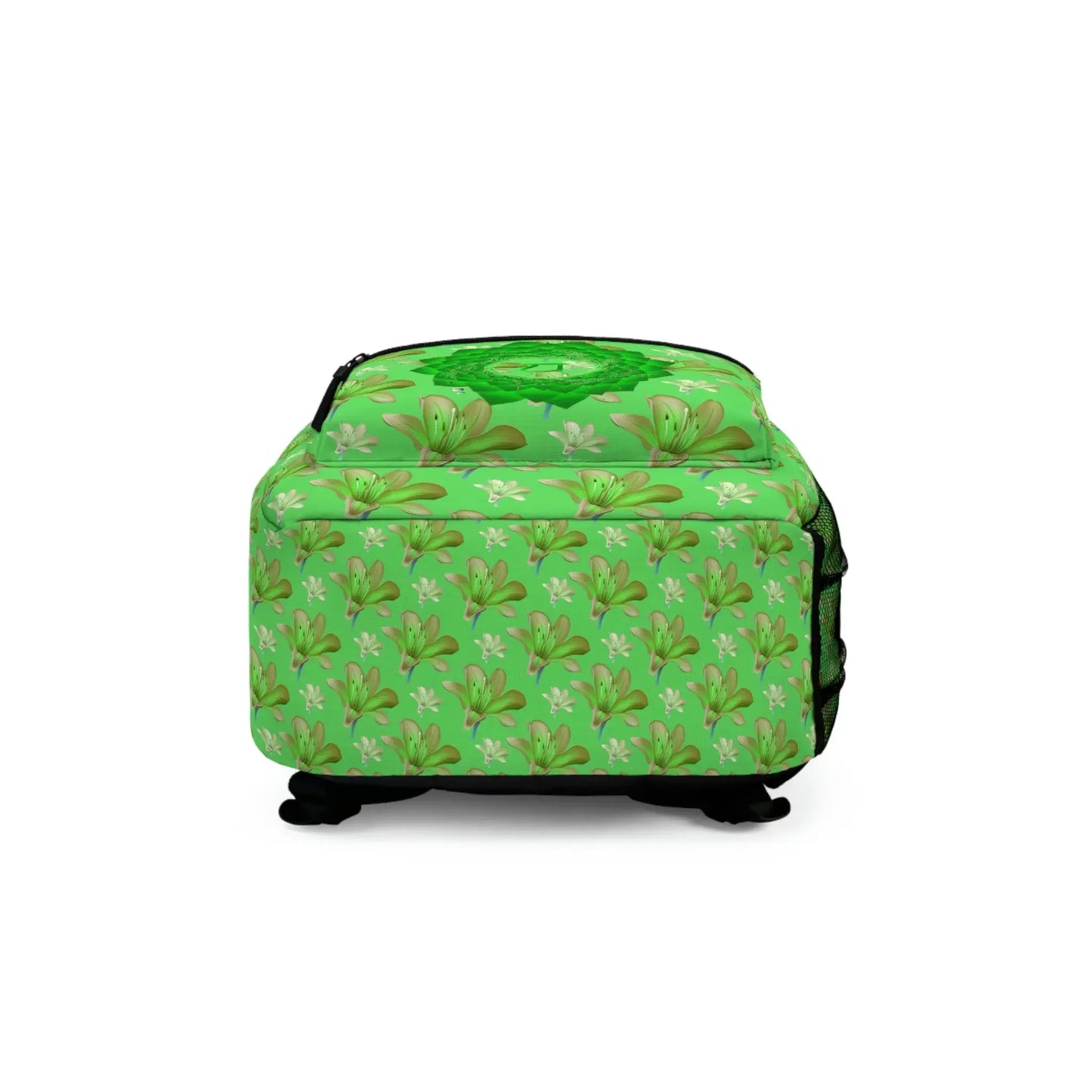 Green chakra-themed backpack with floral pattern and heart chakra symbol, ideal for spiritual and holistic lifestyle.