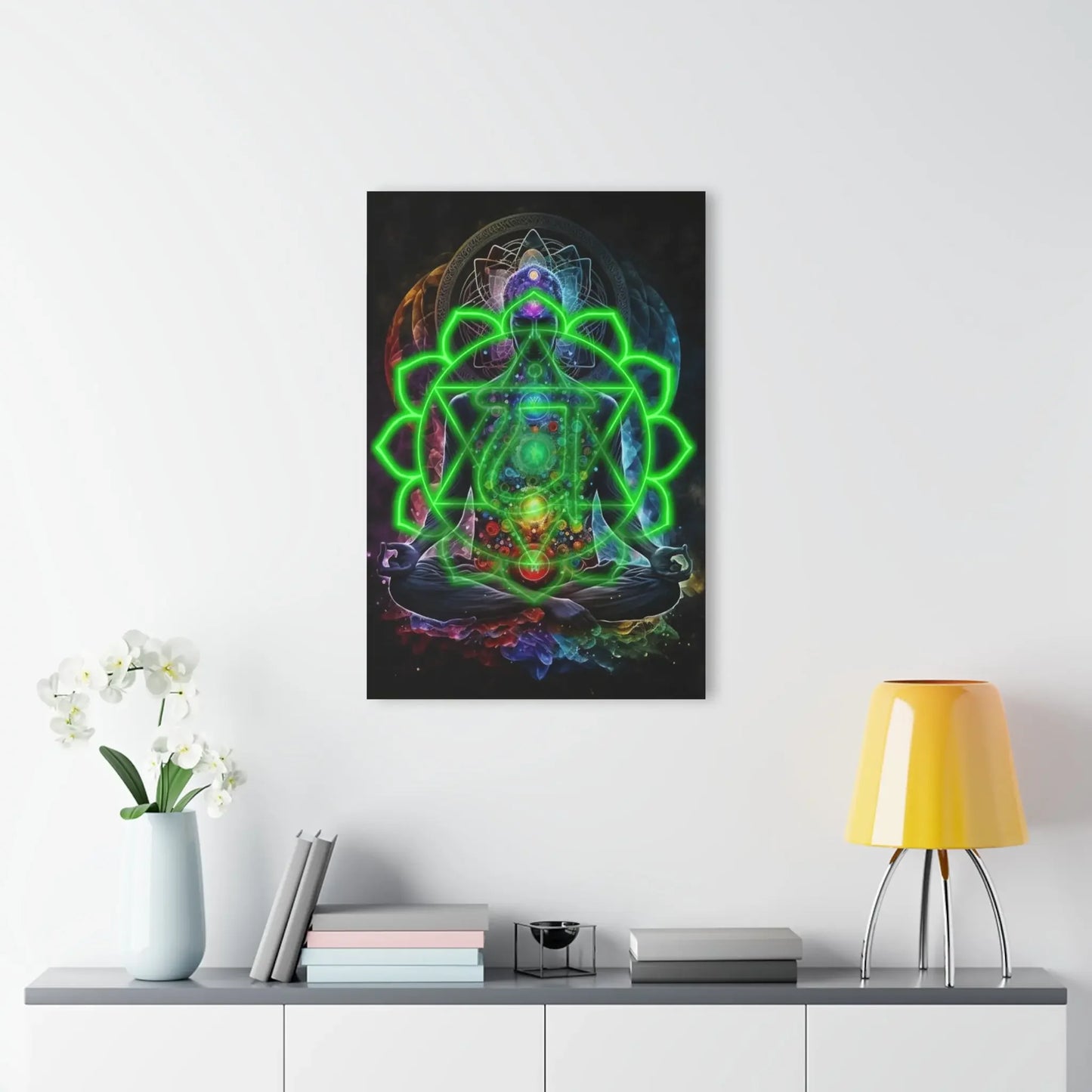Meditating figure with glowing chakras and sacred geometry, spiritual wall art for energy healing and mindfulness.