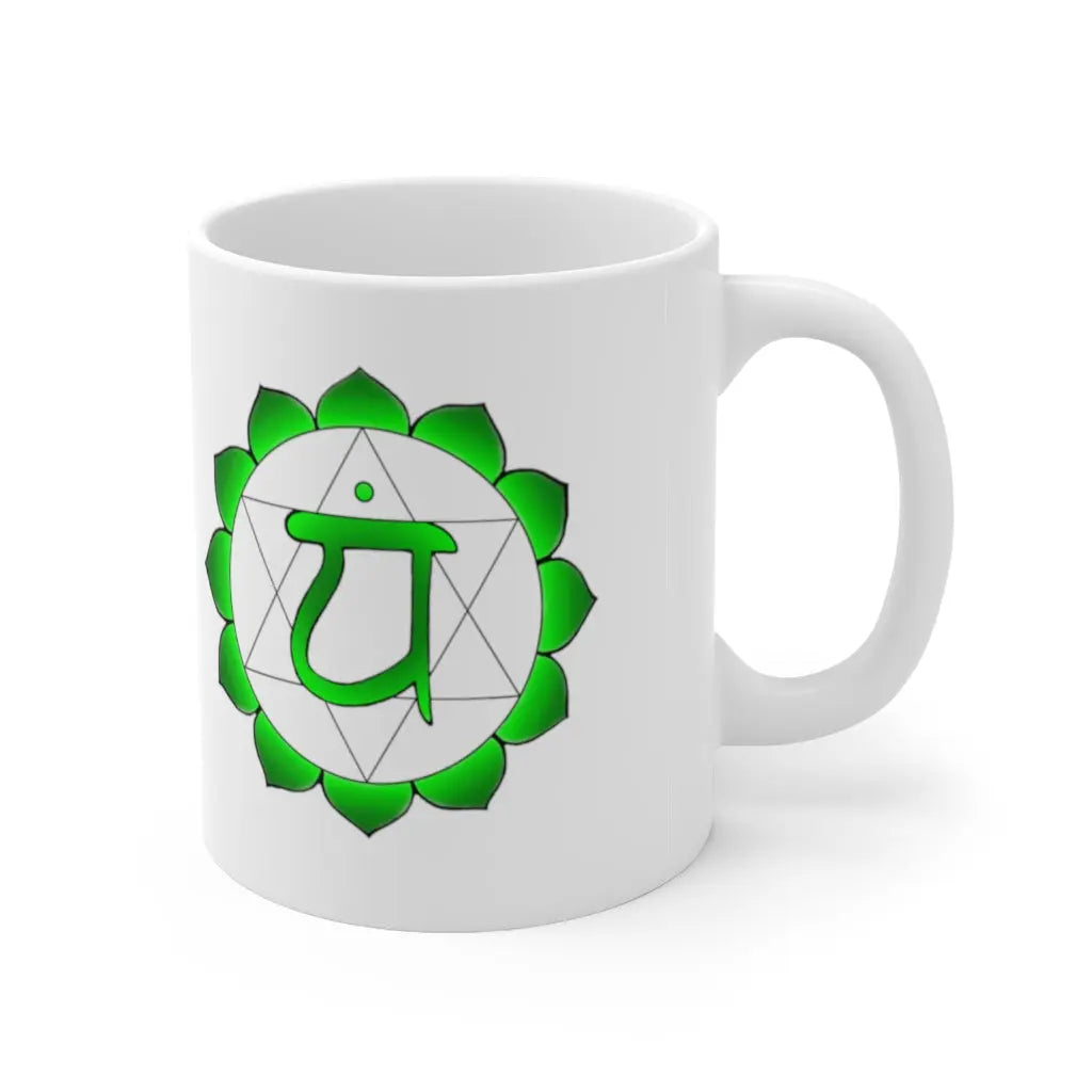 Heart Chakra Mug - Left side with the green Heart Chakra symbol, clean white background.