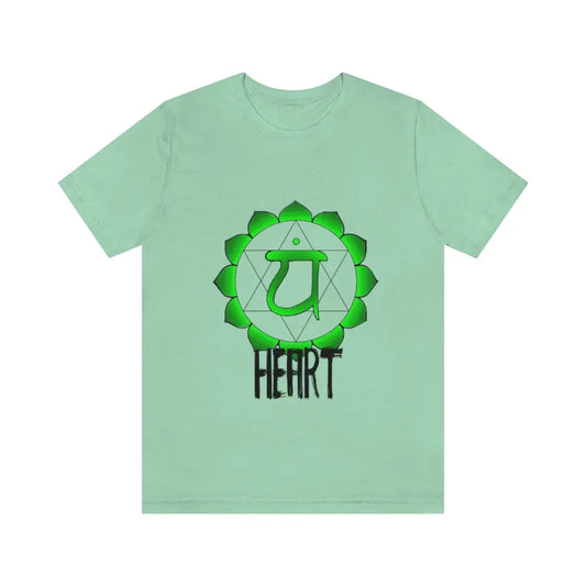 Heart Chakra T-Shirt in green on a flat background, showcasing the vibrant Anahata symbol.