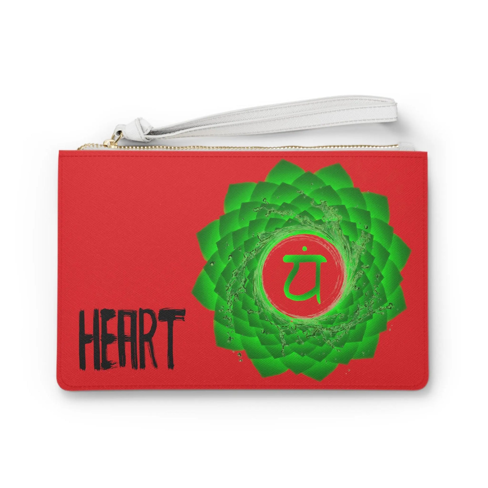 Heart Chakra Clutch - Front view of red vegan leather purse with green Heart Chakra symbol print.