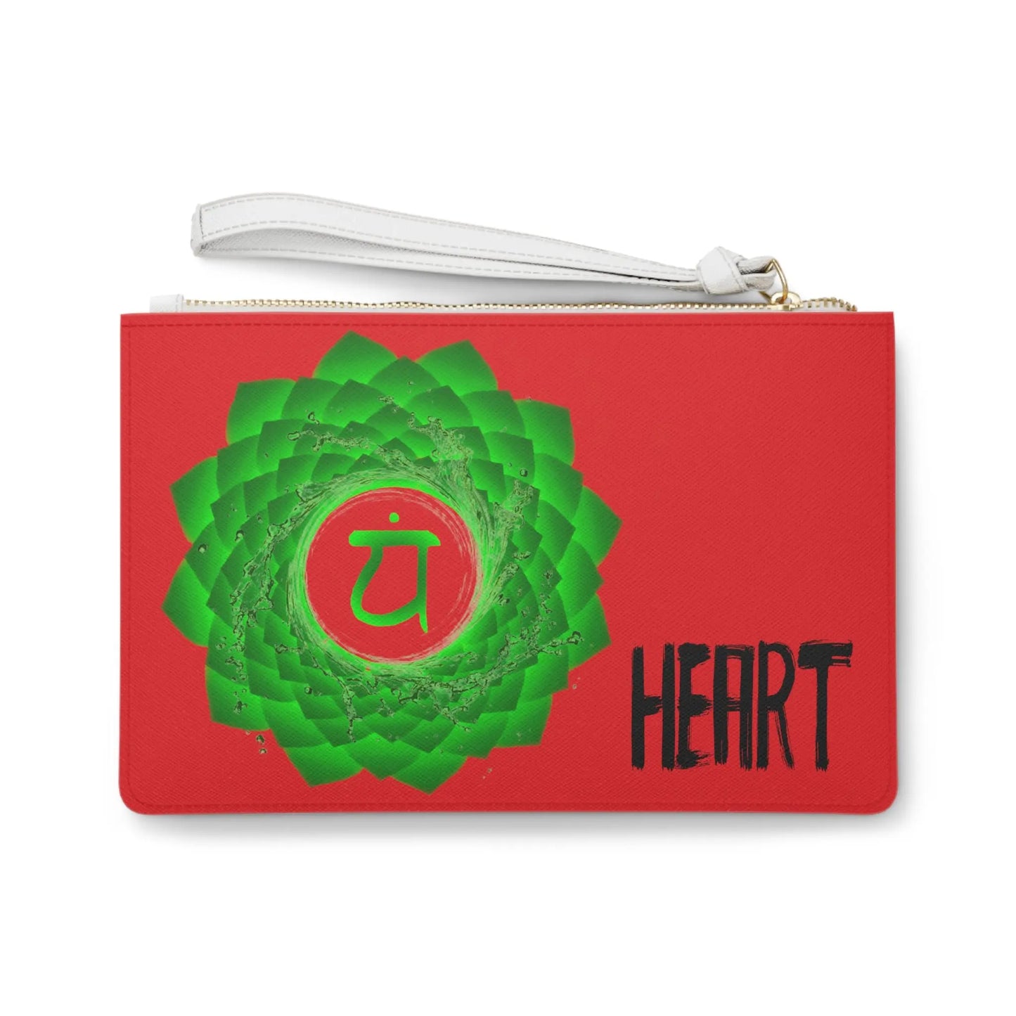 Heart Chakra Clutch - Back view of red vegan leather purse with green Heart Chakra symbol print.