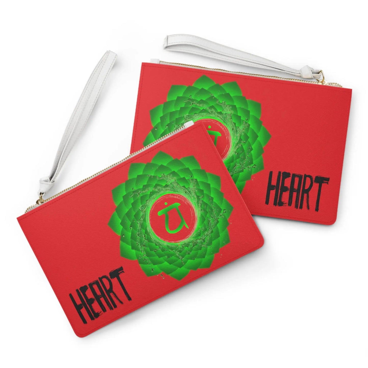 Heart Chakra Clutch - Front and back comparison on a white background.