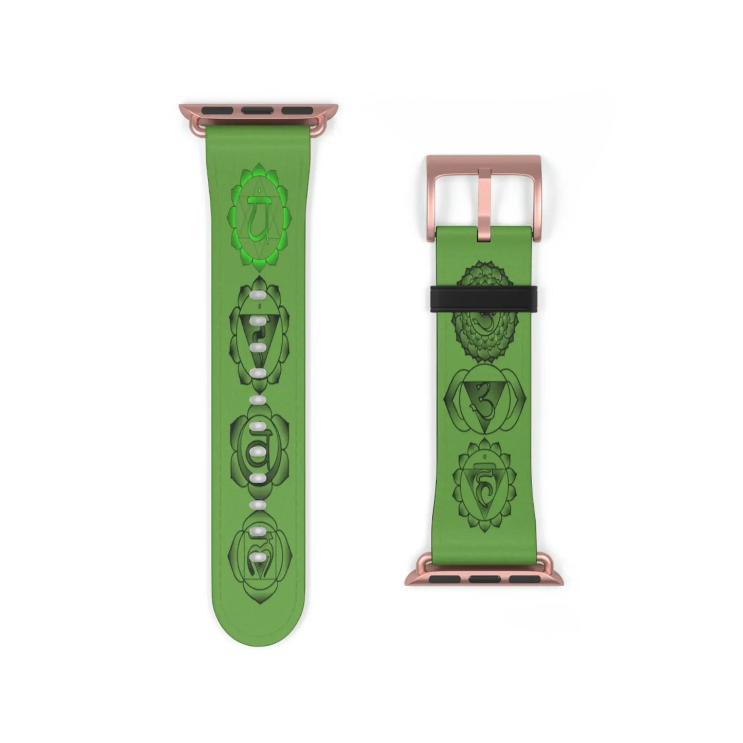 Green chakra symbol watch band with rose gold clasp, featuring handcrafted energy designs for holistic wellness.