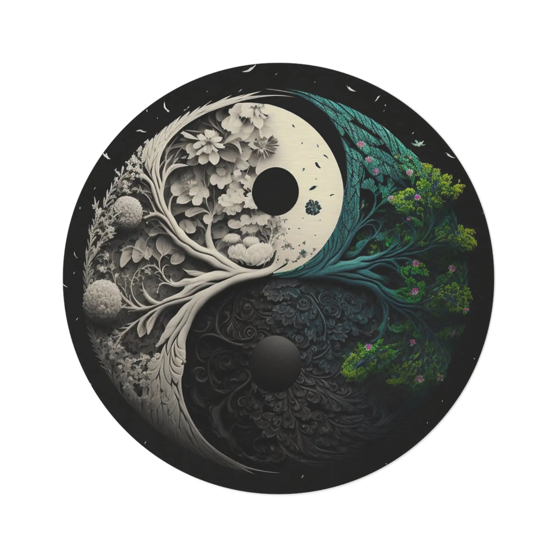 "Heaven and Earth Yin Yang" Round Rug on a white background, showing the full tree design.