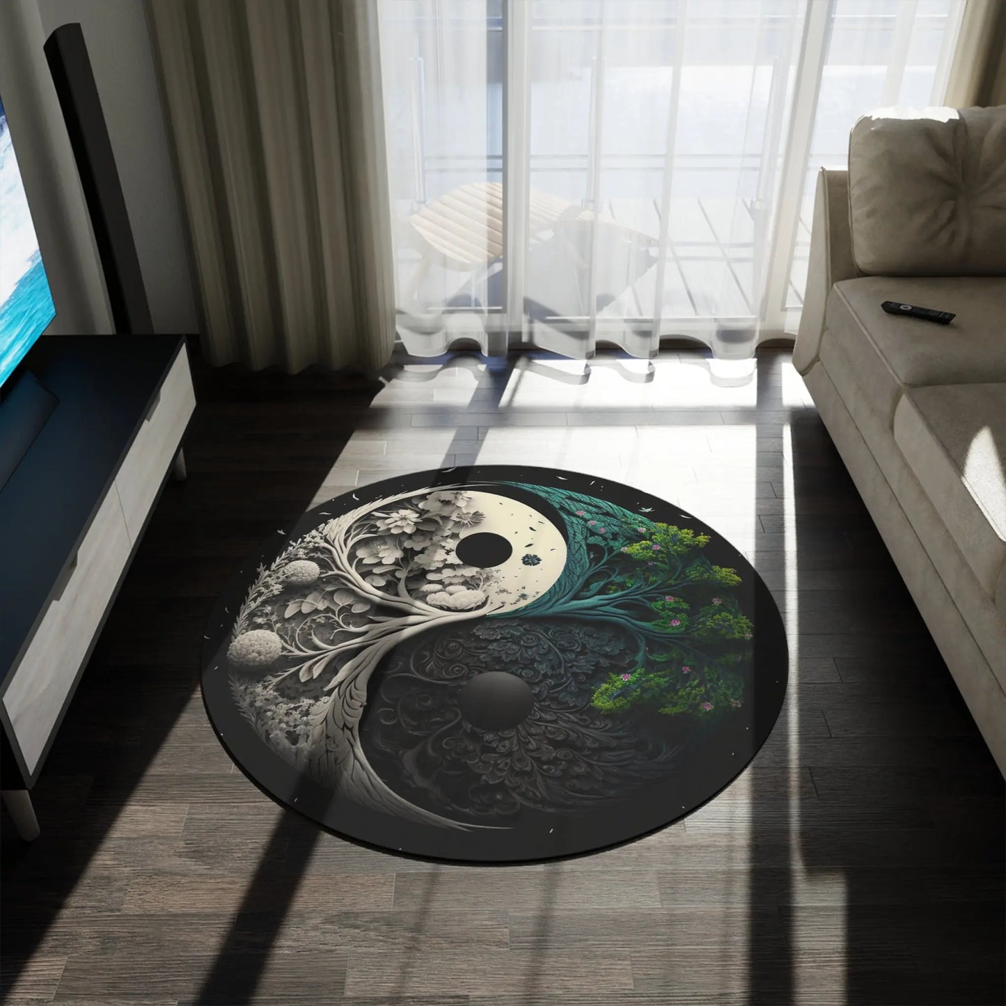 The 60x60" "Heaven and Earth Yin Yang" Rug shown in a modern living room next to a sofa.