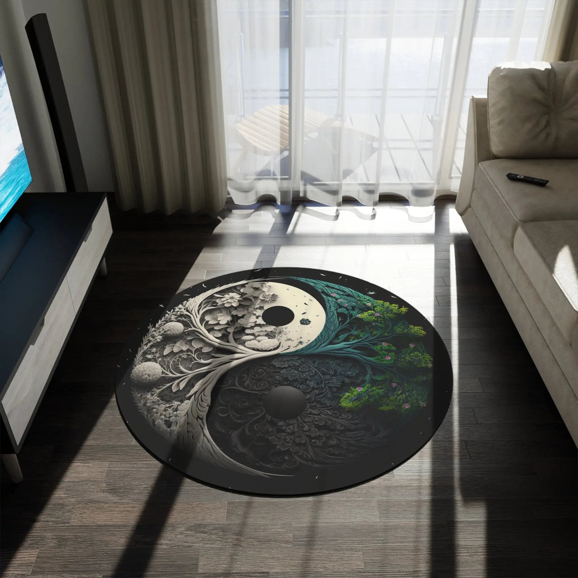The 60x60" "Heaven and Earth Yin Yang" Rug shown in a modern living room next to a sofa.