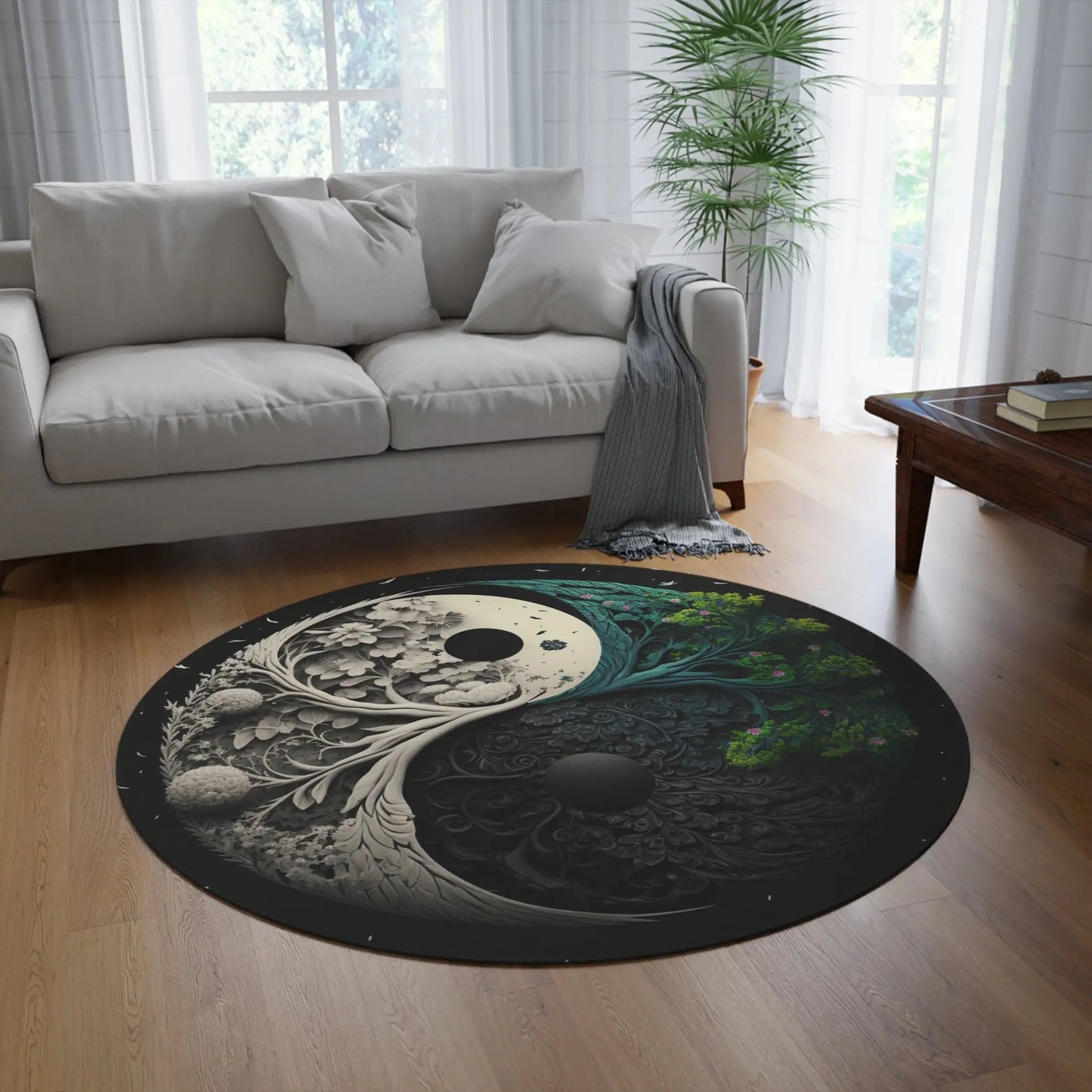 A different living room setting featuring the "Heaven and Earth Yin Yang" Round Rug as a centerpiece.