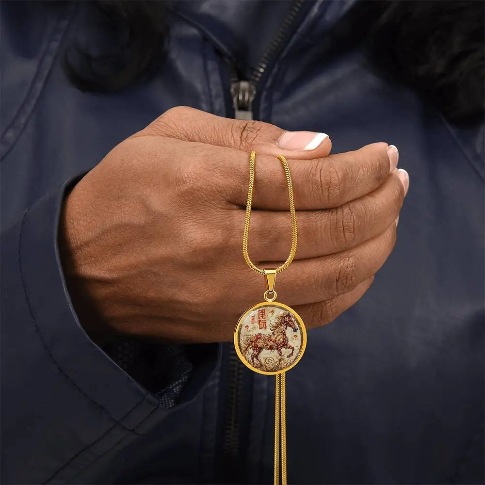 Gold 'Year of the Horse' Necklace shown in a lifestyle setting.