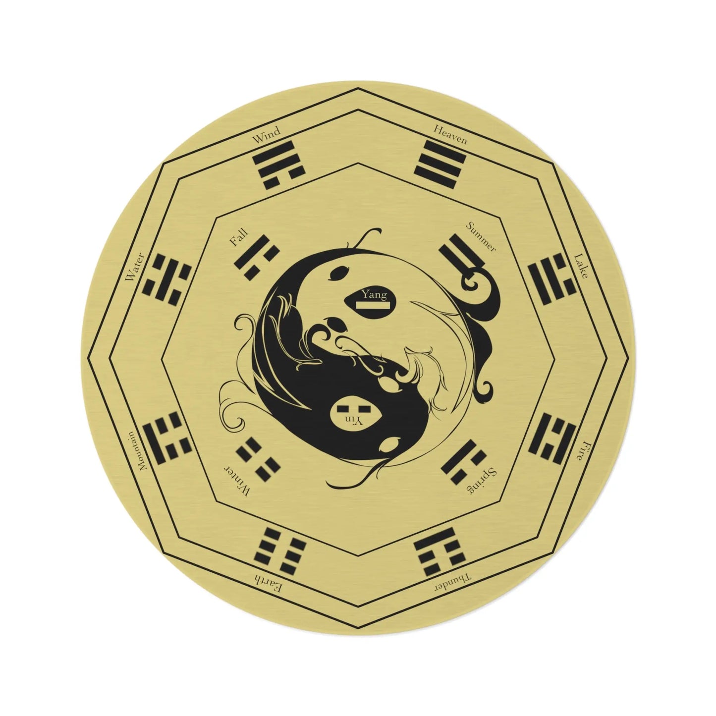 "I Ching" Round Rug on a white background, showing the full Bagua and Yin Yang design.