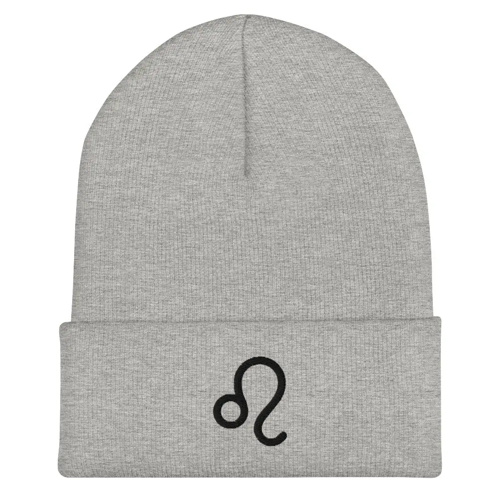 Gray Leo Zodiac Beanie - Front view of embroidered knit hat.