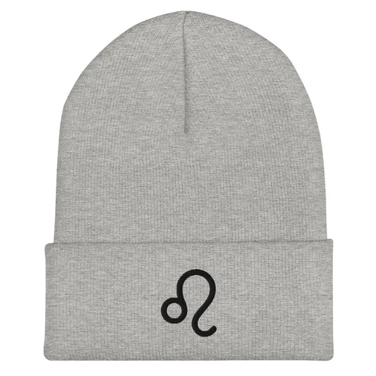 Gray Leo Zodiac Beanie - Front view of embroidered knit hat.