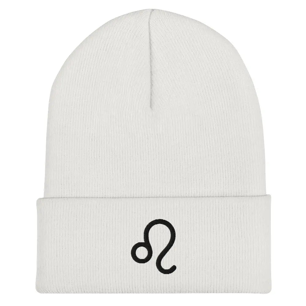 White Leo Zodiac Beanie - Front view of embroidered knit hat.