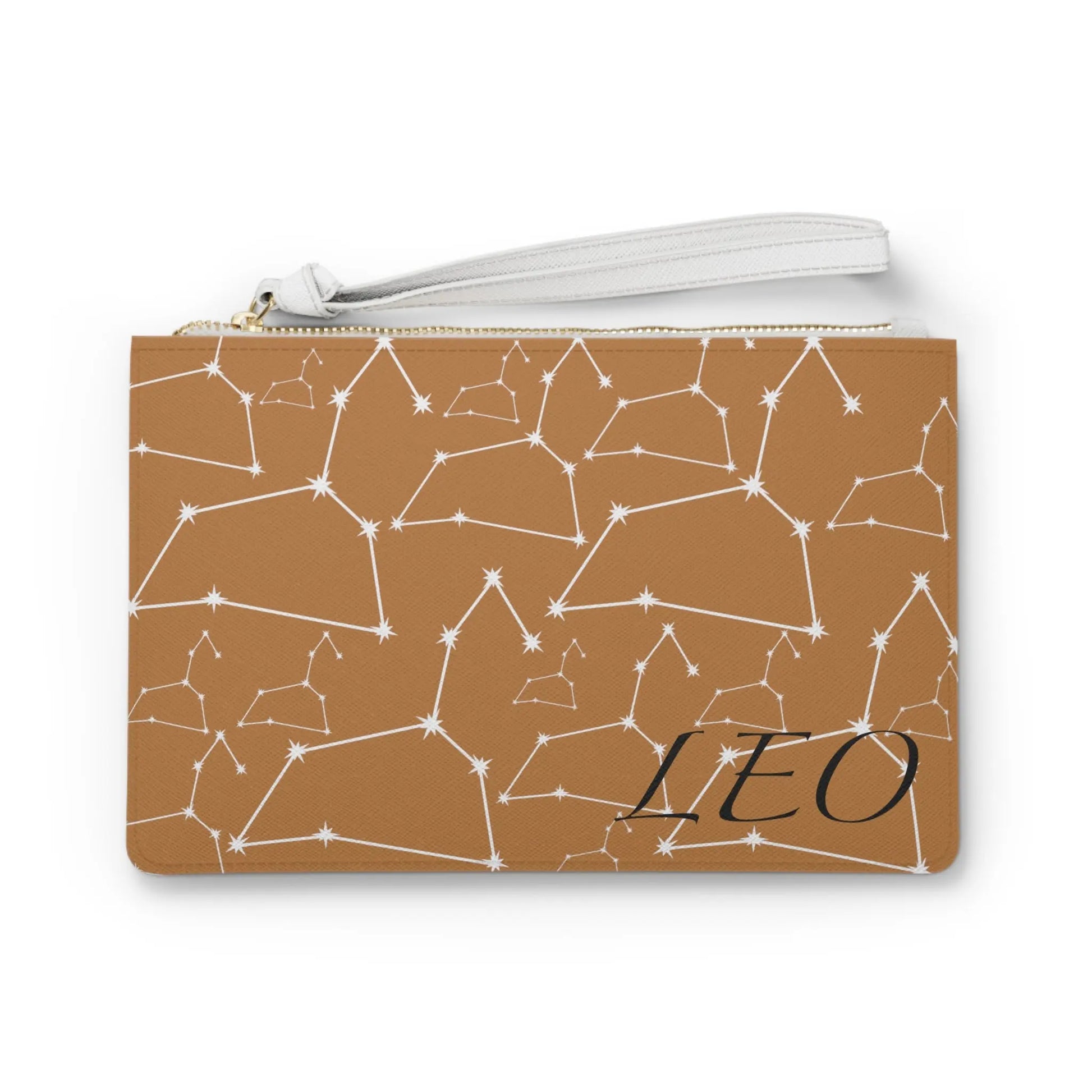 Leo Zodiac Clutch - Front view of brown vegan leather purse with white constellation print.