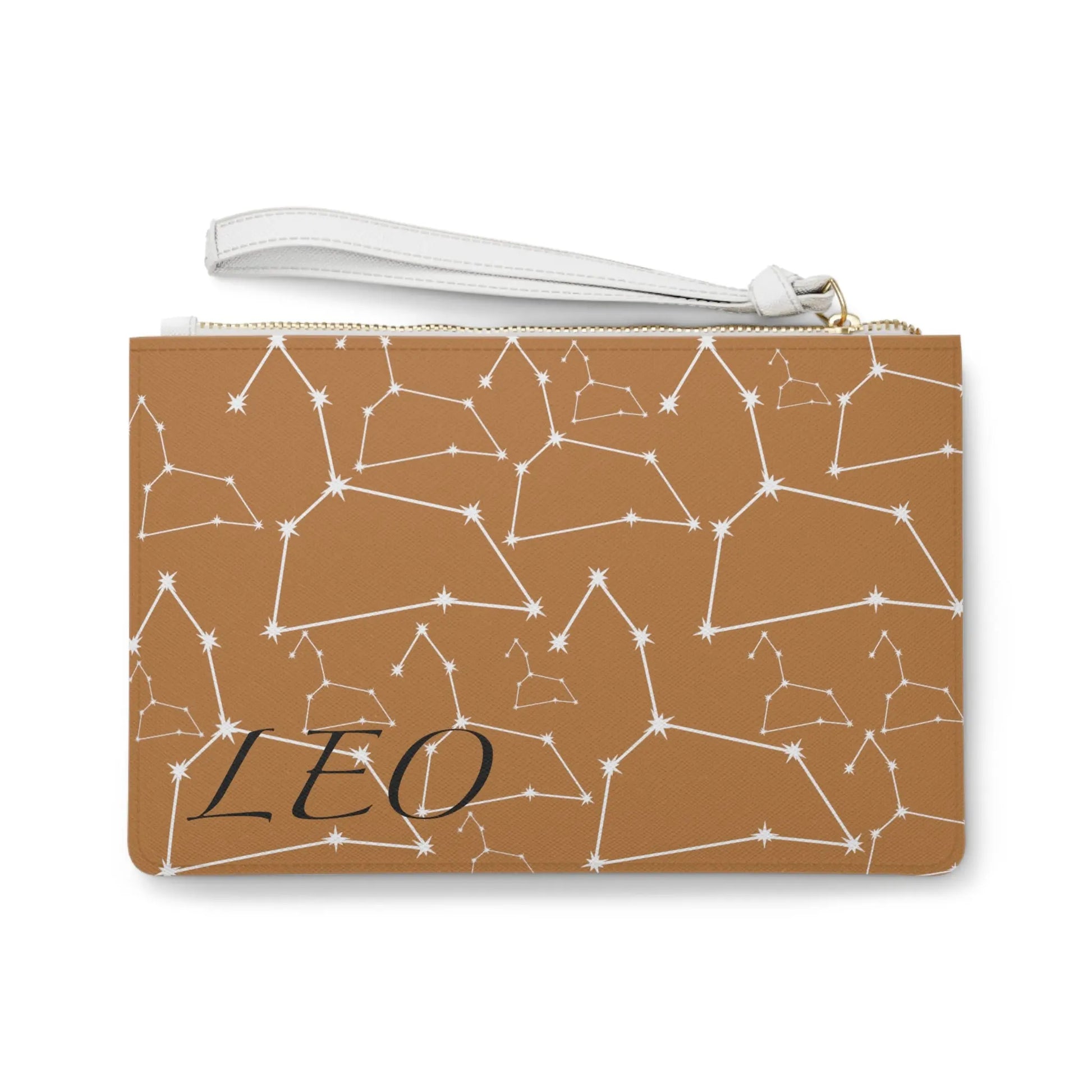 Leo Zodiac Clutch - Back view of brown vegan leather purse with white constellation print.