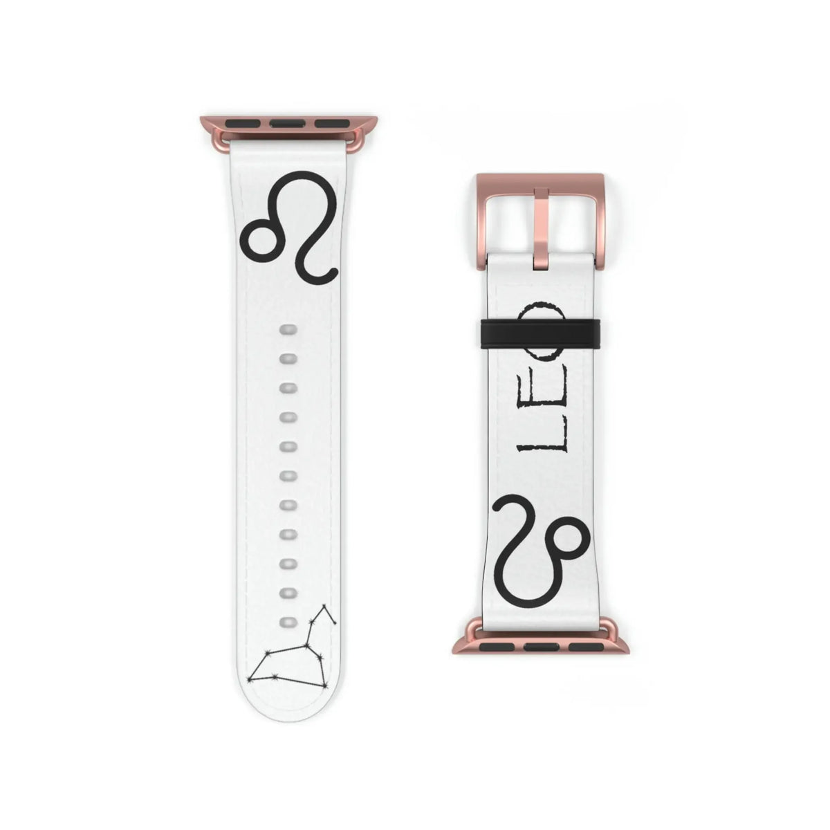 White Apple Watch band with Leo zodiac symbol and constellation, rose gold buckle, astrology-themed design