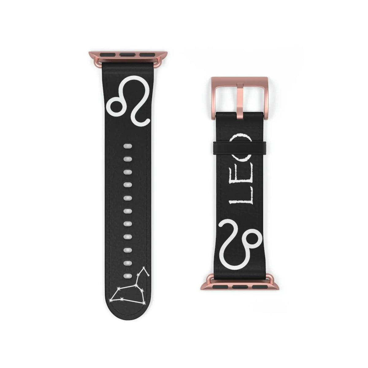 Black Apple Watch band with white Leo zodiac symbol and constellation, rose gold buckle