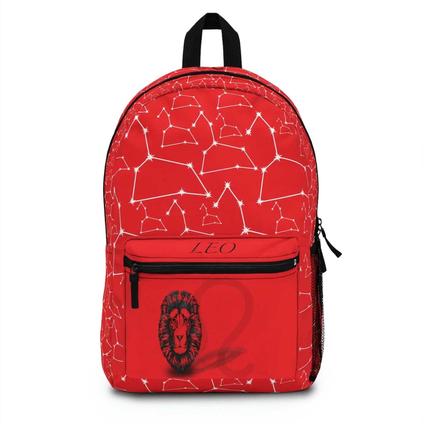 Red Leo Zodiac Backpack - Front view showing the constellation print and front pocket emblem.