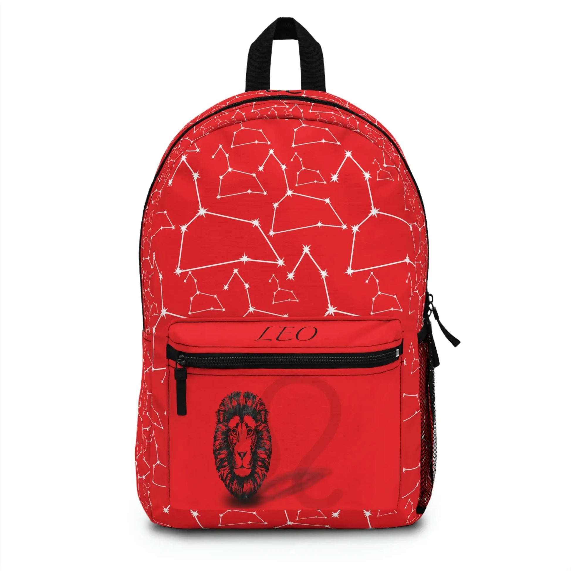 Red Leo Zodiac Backpack - Front view showing the constellation print and front pocket emblem.