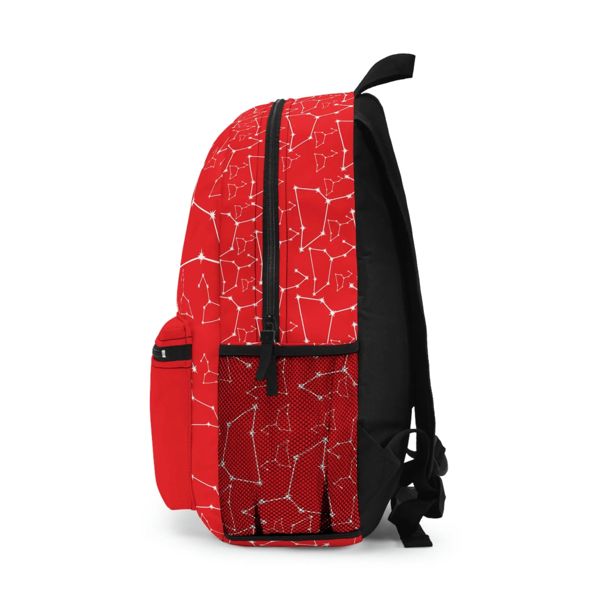 Red Leo Zodiac Backpack - Left side profile showing the full constellation pattern.