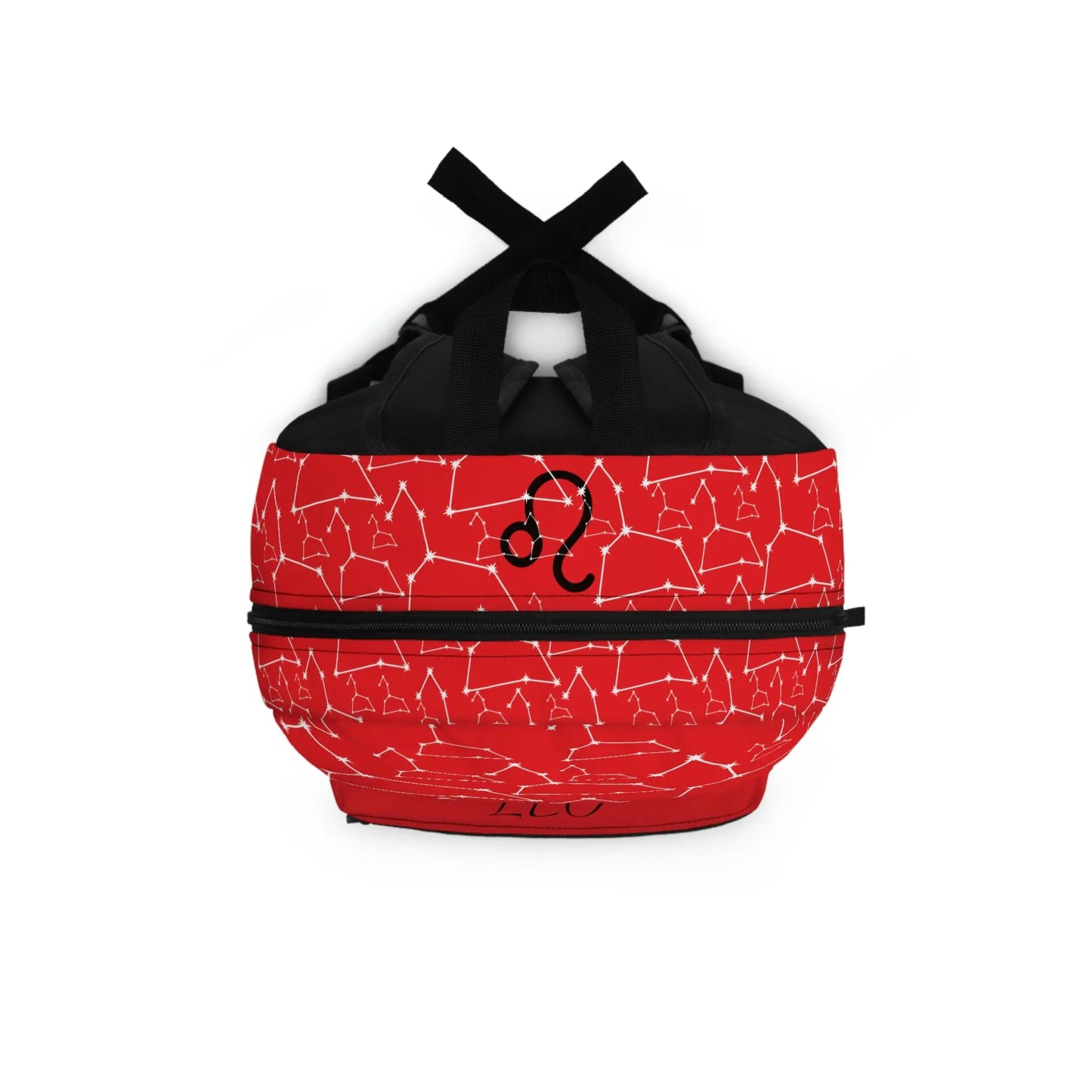 Top-down view of the red Leo Zodiac Backpack, showing the main zipper opening and shoulder straps.