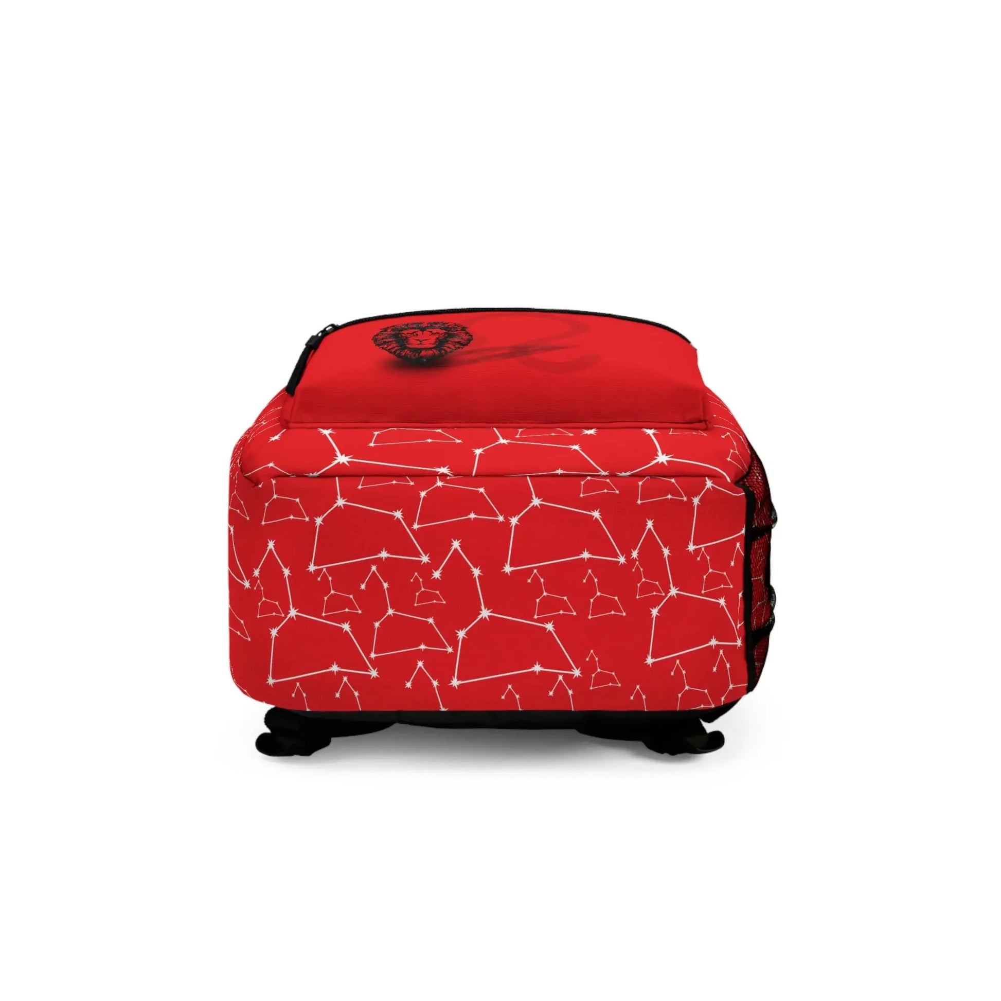 Bottom view of the red Leo Zodiac Backpack, showing the base construction.