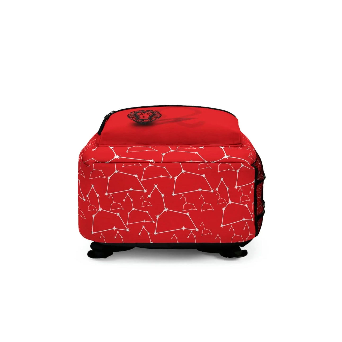 Red backpack with white constellation patterns and lion zodiac symbol, ideal for astrology lovers and spiritual journeys.