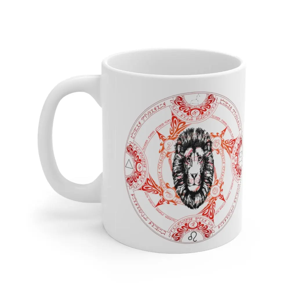 Leo Zodiac Mug - Right side with intricate gold elemental sigil and Lion, clean white background.