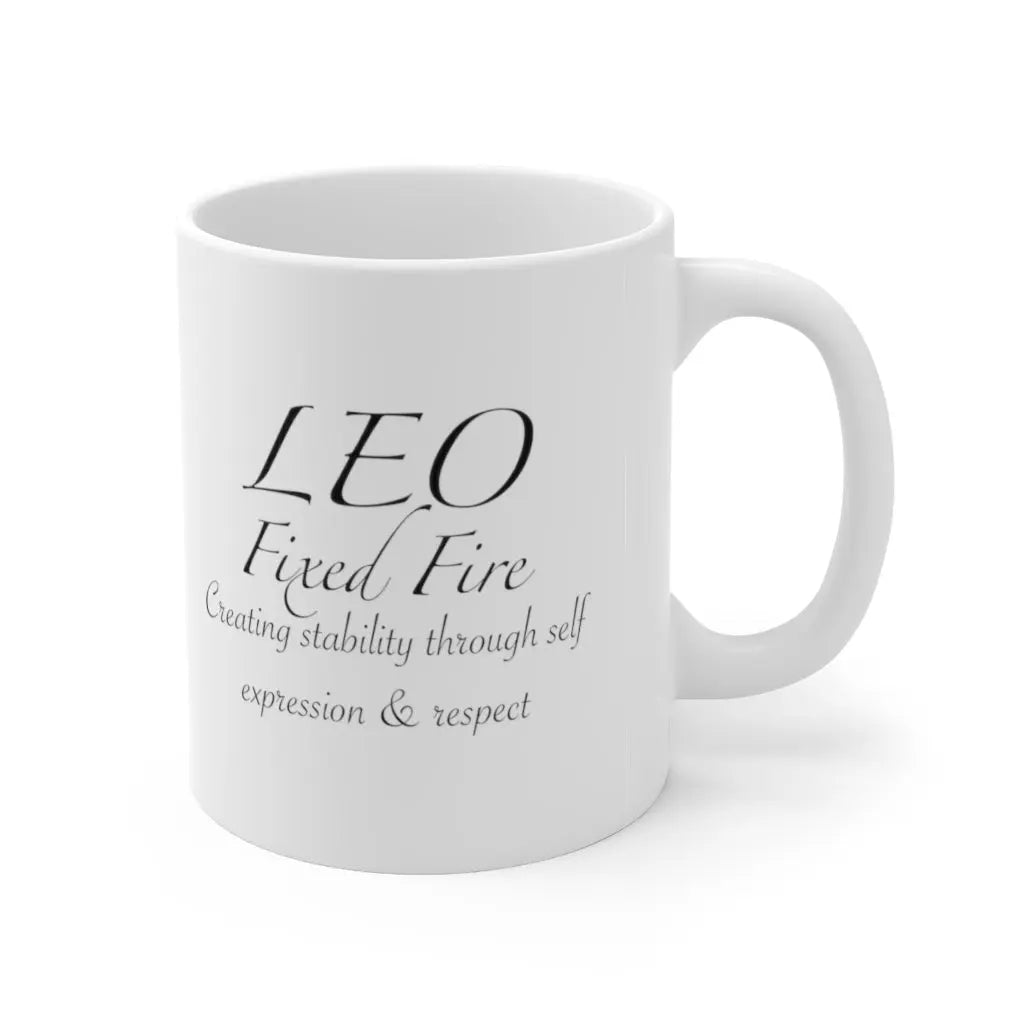 Leo Zodiac Mug - Left side with "Fixed Fire" quote, clean white background.