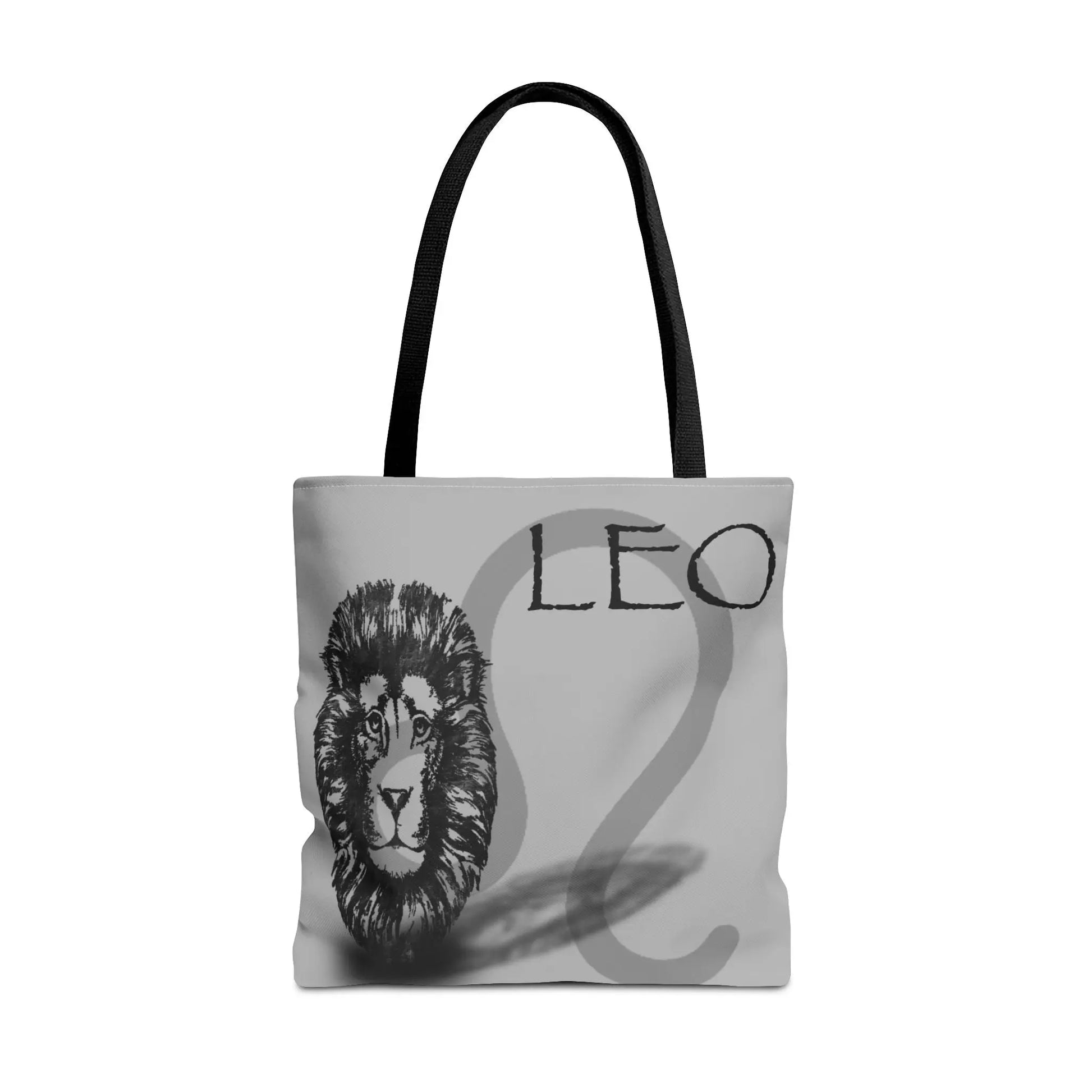 Leo Zodiac Tote Bag - Front view showing the lion head emblem on a gray canvas.