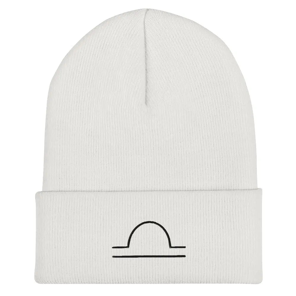 White Libra Zodiac Beanie - Front view of embroidered knit hat.