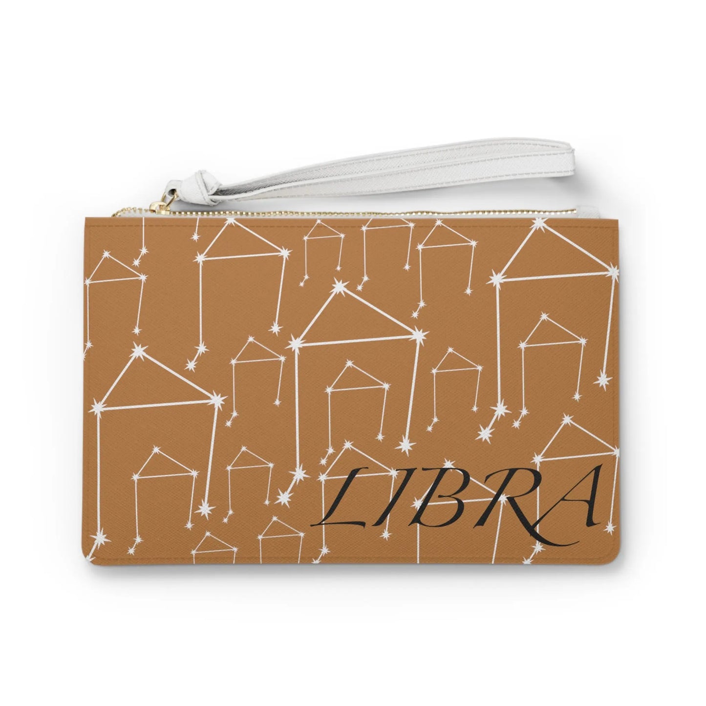Libra Zodiac Clutch - Front view of brown vegan leather purse with white constellation print.