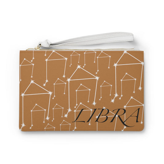 Libra Zodiac Clutch - Front view of brown vegan leather purse with white constellation print.