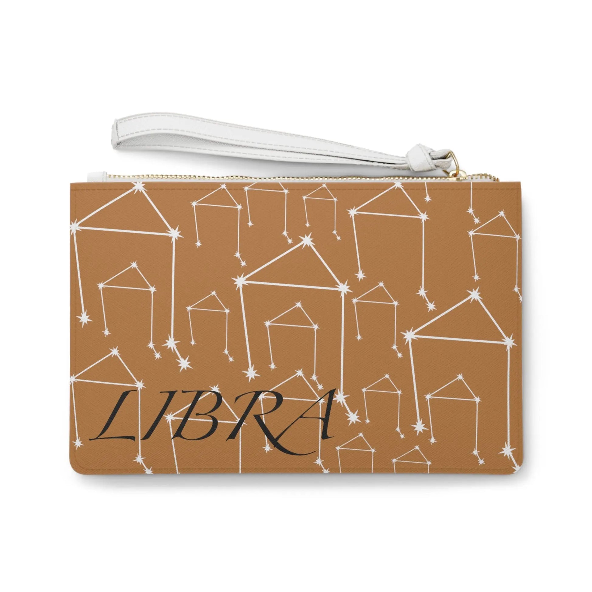 Libra Zodiac Clutch - Back view of brown vegan leather purse with white constellation print.