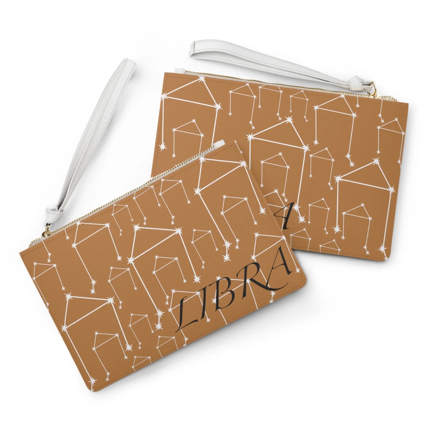 Libra Zodiac Clutch - Front and back comparison on a white background.